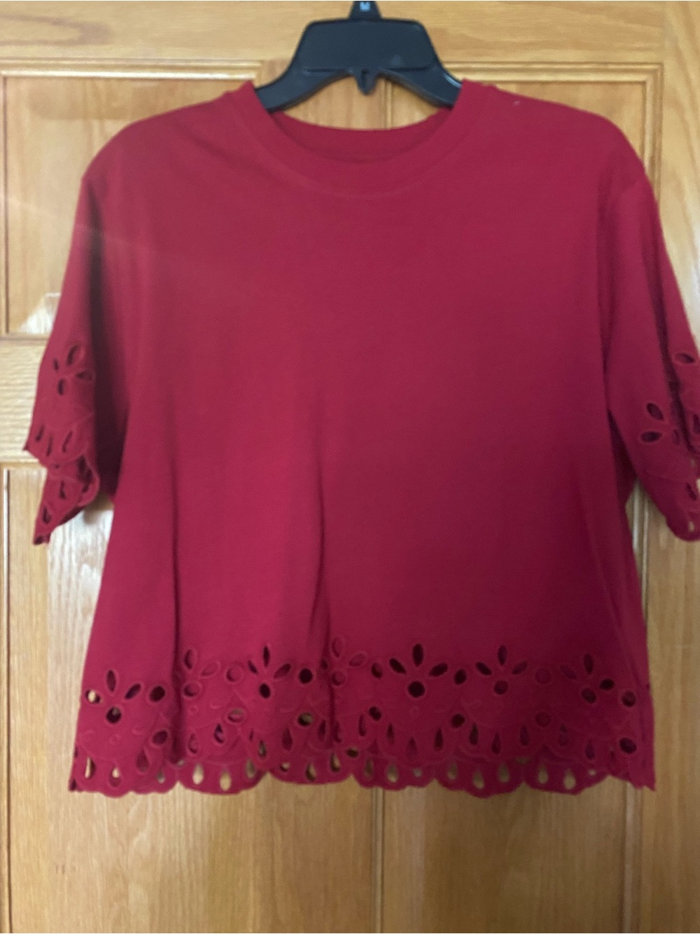 American Eagle Women’s Red Eyelet-Hem Short Sleeve Top